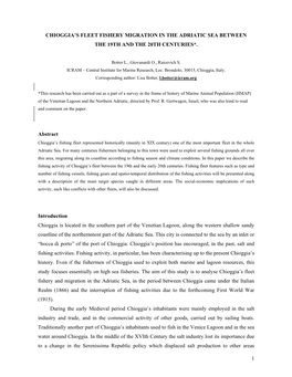 1 CHIOGGIA's FLEET FISHERY MIGRATION in the ADRIATIC SEA BETWEEN the 19TH and the 20TH CENTURIES*. Abstract Introduction Chio