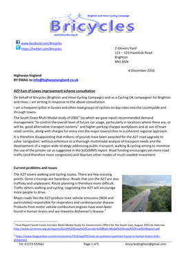 Highways England by EMAIL to Info@Highwaysengland.Co.Uk A27