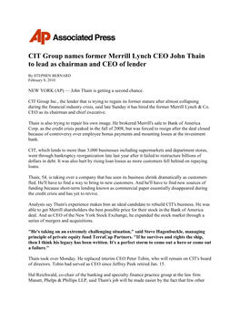 CIT Group Names Former Merrill Lynch CEO John Thain to Lead As Chairman and CEO of Lender