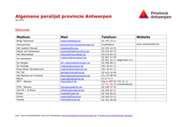 Algemene Perslijst Provincie Antwerpen Juli 2016