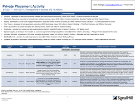 Private Placement Activity Chris Hastings | Chastings@Signalhill.Com | 917-621-3750 8/7/2017 – 8/11/2017 (Transactions in Excess of $15 Million) Commentary