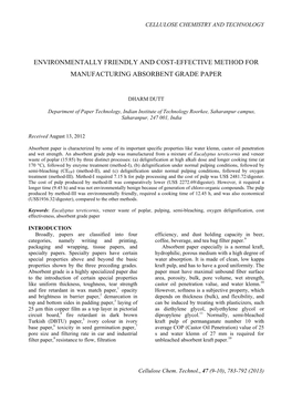 Environmentally Friendly and Cost-Effective Method for Manufacturing Absorbent Grade Paper