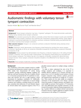 Audiometric Findings with Voluntary Tensor Tympani Contraction Brandon Wickens1 , Duncan Floyd2 and Manohar Bance3*