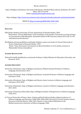 Michela Andreatta, CV List of Publications, P. 1 Dept. of Religion