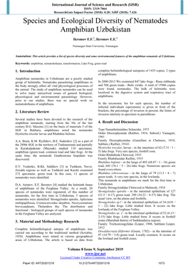 Species and Ecological Diversity of Nematodes Amphibian Uzbekistan