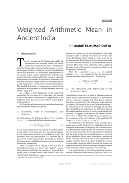 Weighted Arithmetic Mean in Ancient India ̊І ˨Ͻ˨Ξϑі˨ ͬϞͻ˨Ξ ̙Ϟϑϑ˨