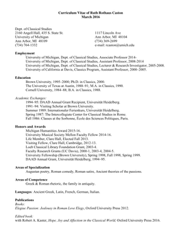 Curriculum Vitae of Ruth Rothaus Caston March 2016 Dept. Of