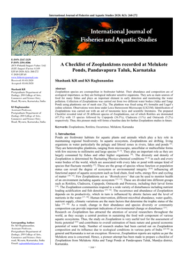 A Checklist of Zooplanktons Recorded at Melukote Ponds, Pandavapura