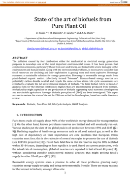 State of the Art of Biofuels from Pure Plant Oil