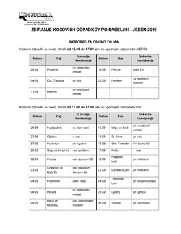 Zbiranje Kosovnih Odpadkov Po Naseljih - Jesen 2019