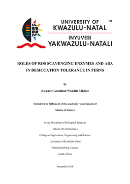 Roles of Ros Scavenging Enzymes and Aba in Desiccation Tolerance in Ferns