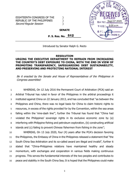 EIGHTEENTH CONGRESS of the ) REPUBLIC of the PHILIPPINES ) Sept 07 2020 Second Regular Session ) 9:00 A.M