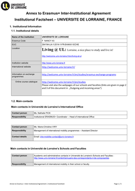 Annex to Erasmus+ Inter-Institutional Agreement Institutional Factsheet – UNIVERSITE DE LORRAINE, FRANCE