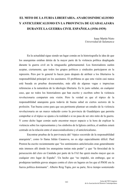 El Mito De La Furia Libertaria. Anarcosindicalismo Y Anticlericalismo En La Provincia De Guadalajara Durante La Guerra Civil Española (1936-1939)