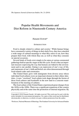 Popular Health Movements and Diet Reform in Nineteenth-Century America