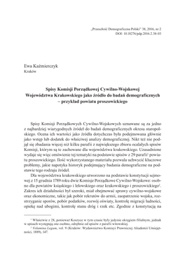 Ewa Kaźmierczyk Spisy Komisji Porządkowej Cywilno-Wojskowej Województwa Krakowskiego Jako Źródło Do Badań Demograficznych