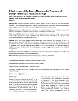 Effectiveness of the Epleys Maneuver for Treatment of Benign Paroxysmal