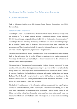 Sweden and the Five Hundred Year Reformation Anamnesis a Catholic