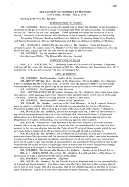 THE LEGISLATIVE ASSEMBLY of MANITOBA 2:30 O'clock, Monday, July 3, 1972 Opening Prayer by Mr. Speaker. INTRODUCTION of GUESTS 36