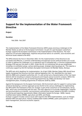 Support for the Implementation of the Water Framework Directive