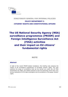 NSA) Surveillance Programmes (PRISM) and Foreign Intelligence Surveillance Act (FISA) Activities and Their Impact on EU Citizens' Fundamental Rights