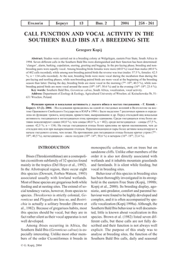 Call Function and Vocal Activity in the Southern Bald Ibis at a Breeding Site