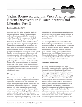 Vadim Borisovsky and His Viola Arrangements: Recent Discoveries in Russian Archives and Libraries, Part II Elena Artamonova