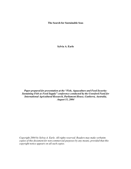The Search for Sustainable Seas Sylvia A. Earle