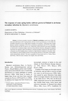 The Response of Some Spring Barley Cultivars Grown in Finland to Air-Borne Secondary Infection by Bipolaris Sorokiniana of Infe