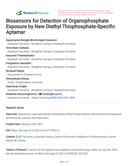 Biosensors for Detection of Organophosphate Exposure by New Diethyl Thiophosphate-Specifc Aptamer