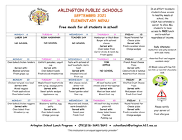 Food Services: Elementary School Lunch Menu