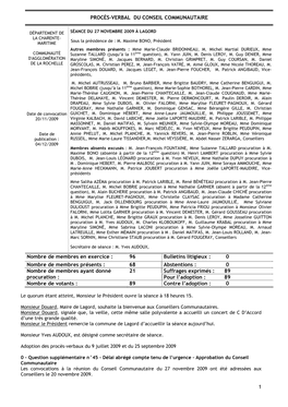 Conseil Communautaire Du 27 Novembre 2009 Ont Été Adressées Aux Conseillers Le 20 Novembre 2009