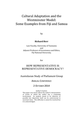 Cultural Adaptation and the Westminster Model: Some Examples from Fiji and Samoa