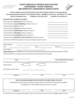 West Virginia Contractor License Tennessee - West Virginia Reciprocity Agreement Application