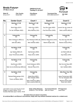 Breda Future+ ORDER of PLAY ITF Men's Circuit Tuesday 27 Jun 2017