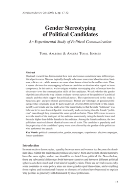 Gender Stereotyping of Political Candidates an Experimental Study of Political Communication