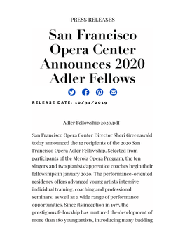 San Francisca Opera Announces 2020 Adler Fellows