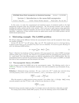 Lecture 1: Introduction to the Mean Field Asymptotics 1 Motivating Example: the LASSO Problem