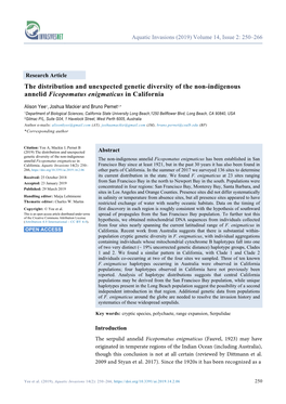 The Distribution and Unexpected Genetic Diversity of the Non-Indigenous Annelid Ficopomatus Enigmaticus in California