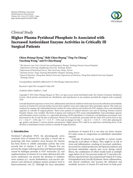 Higher Plasma Pyridoxal Phosphate Is Associated with Increased Antioxidant Enzyme Activities in Critically Ill Surgical Patients