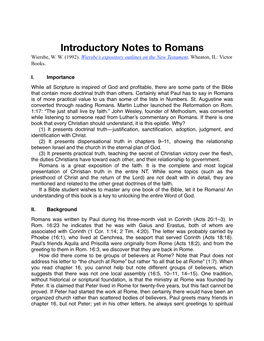 Introductory Notes to Romans Wiersbe, W