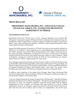 Press Release Prosperity Bancshares