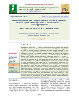 Production Potential, and Energetic Studies As Affected by Pigeon Pea (Cajanus Cajan L.) and Finger Millet (Eleusine Coracana L.) Intercropping System