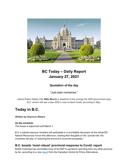 BC Today – Daily Report January 27, 2021 Today in B.C