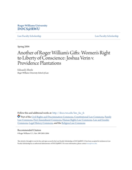Another of Roger William's Gifts: Women's Right to Liberty of Conscience: Joshua Verin V