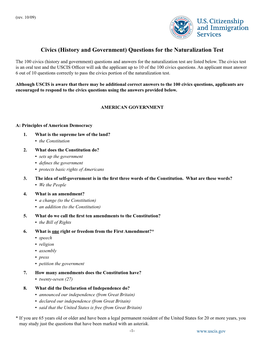 Civics (History and Government) Questions for the Naturalization Test