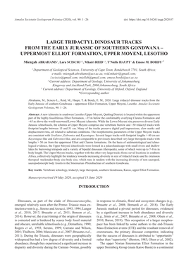 Large Tridactyl Dinosaur Tracks from the Early Jurassic of Southern Gondwana – Uppermost Elliot Formation, Upper Moyeni, Lesotho