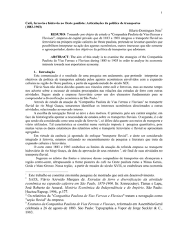 Café, Ferrovia E Hidrovia No Oeste Paulista: Articulações Da Política De