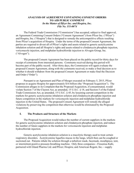 ANALYSIS of AGREEMENT CONTAINING CONSENT ORDERS to AID PUBLIC COMMENT in the Matter of Pfizer Inc