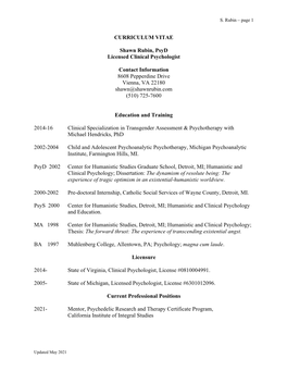 CURRICULUM VITAE Shawn Rubin, Psyd Licensed Clinical Psychologist Contact Information 8608 Pepperdine Drive Vienna, VA 22180